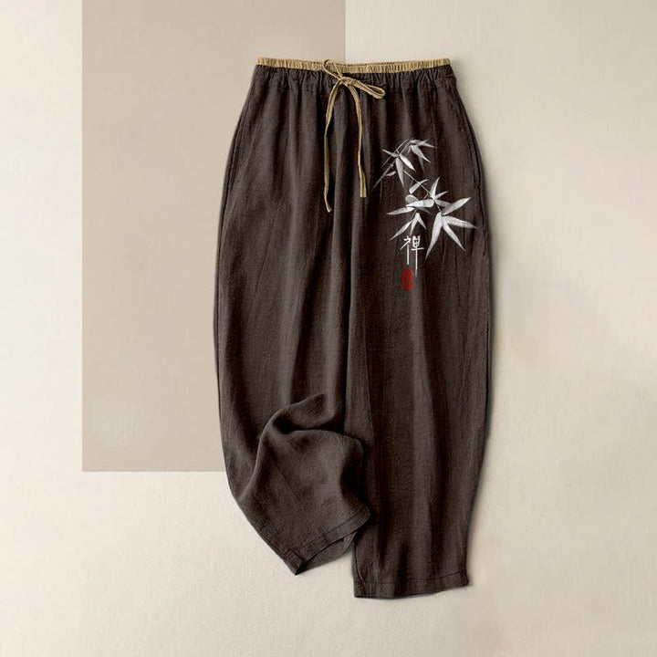 Buddha Stones Pantalon pour femme en pur coton blanc à motif bambou Zen, taille élastique et poches - SaddleBrown - US16，UK/AU20，EU48 (3XL) - image 6