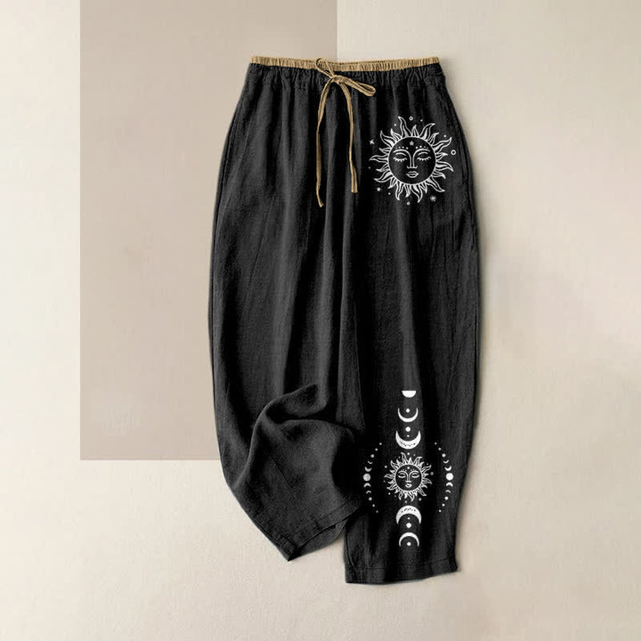 Buddha Stones Pantalon pour femme en pur coton, à taille élastique et poches, motif soleil, lune et étoiles célestes - Noir - US16，UK/AU20，EU48 (3XL) - image 0