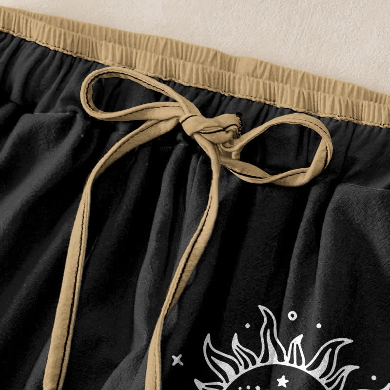 Buddha Stones Pantalon pour femme en pur coton, à taille élastique et poches, motif soleil, lune et étoiles célestes - image 1