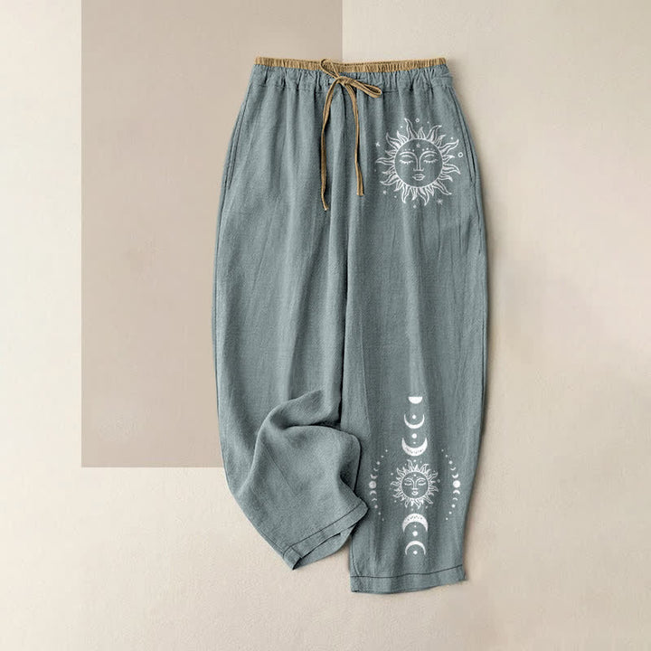 Buddha Stones Pantalon pour femme en pur coton, à taille élastique et poches, motif soleil, lune et étoiles célestes - CadetBlue - US16，UK/AU20，EU48 (3XL) - image 5