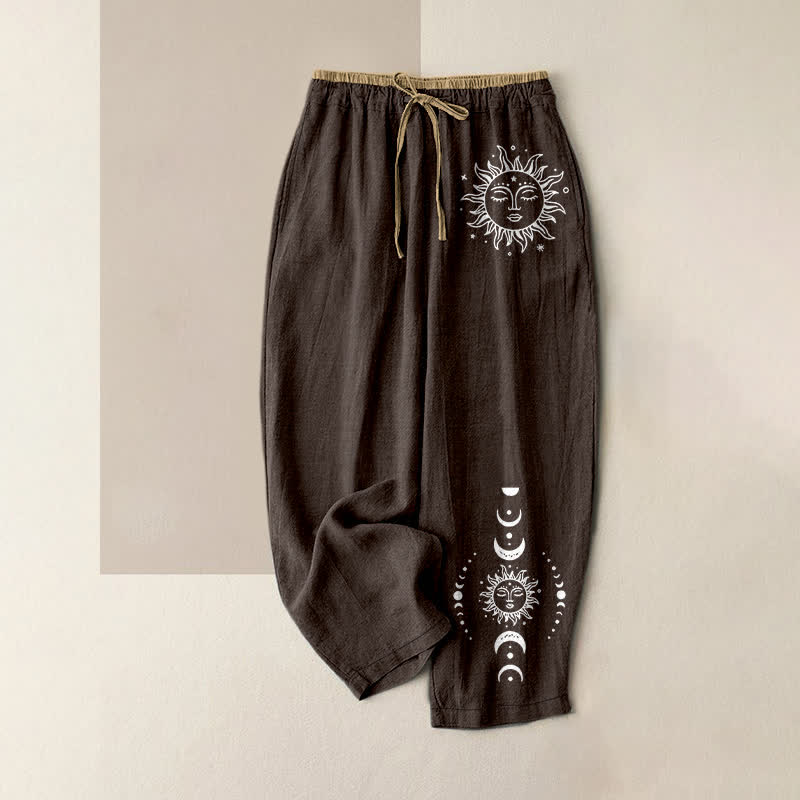 Buddha Stones Pantalon pour femme en pur coton, à taille élastique et poches, motif soleil, lune et étoiles célestes - SaddleBrown - US16，UK/AU20，EU48 (3XL) - image 6