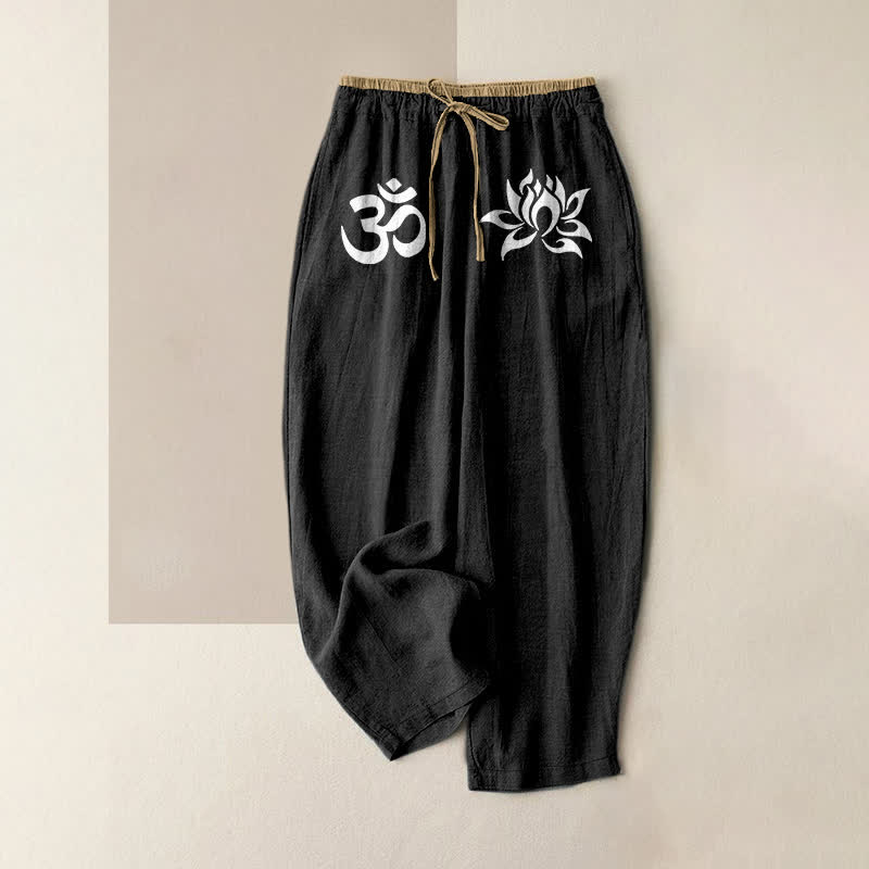 Buddha Stones Pantalon pour femme en pur coton blanc à motif OM et lotus, taille élastique et poches - Noir - US16，UK/AU20，EU48 (3XL) - image 0