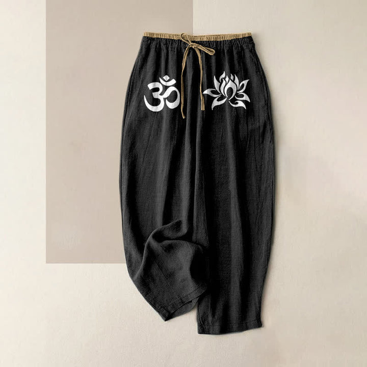 Buddha Stones Pantalon pour femme en pur coton blanc à motif OM et lotus, taille élastique et poches - Noir - US16，UK/AU20，EU48 (3XL) - image 0