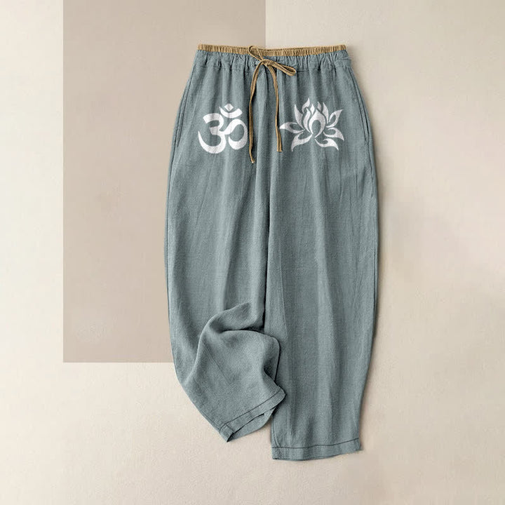 Buddha Stones Pantalon pour femme en pur coton blanc à motif OM et lotus, taille élastique et poches - CadetBlue - US16，UK/AU20，EU48 (3XL) - image 4
