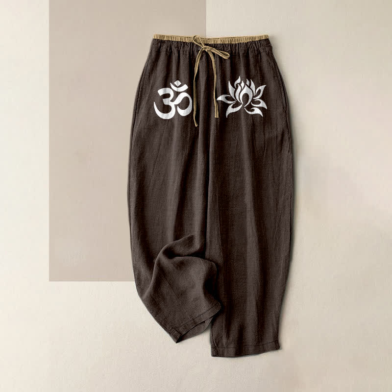 Buddha Stones Pantalon pour femme en pur coton blanc à motif OM et lotus, taille élastique et poches - SaddleBrown - US16，UK/AU20，EU48 (3XL) - image 5