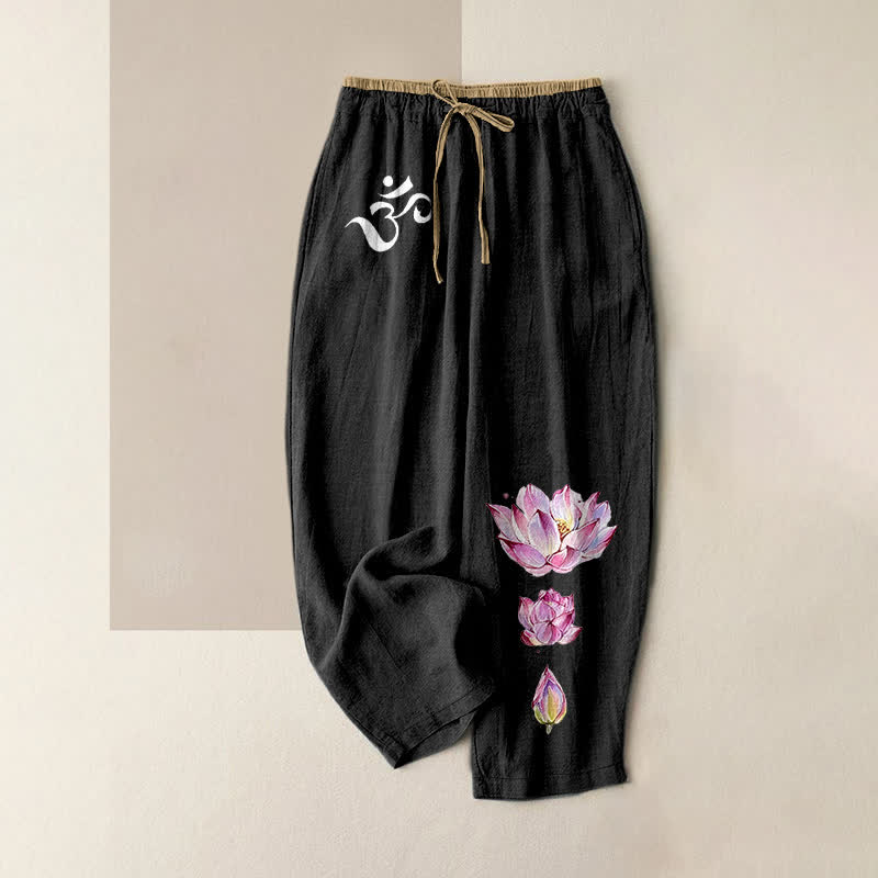 Buddha Stones Pantalon pour femme en pur coton, motif lotus rose OM, taille élastique et poches - Noir - US16，UK/AU20，EU48 (3XL) - image 0