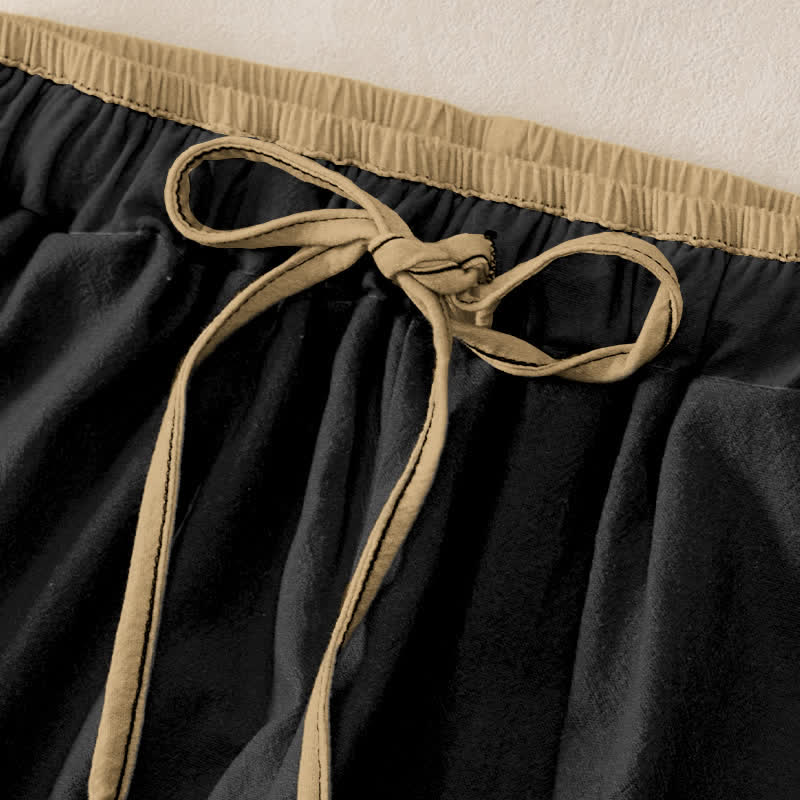 Buddha Stones Pantalon pour femme en pur coton, motif lotus rose OM, taille élastique et poches - image 1