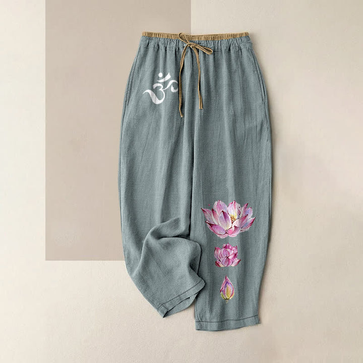 Buddha Stones Pantalon pour femme en pur coton, motif lotus rose OM, taille élastique et poches - CadetBlue - US16，UK/AU20，EU48 (3XL) - image 4