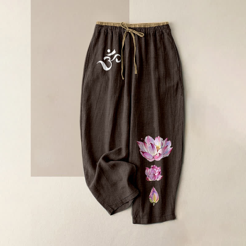 Buddha Stones Pantalon pour femme en pur coton, motif lotus rose OM, taille élastique et poches - SaddleBrown - US16，UK/AU20，EU48 (3XL) - image 5