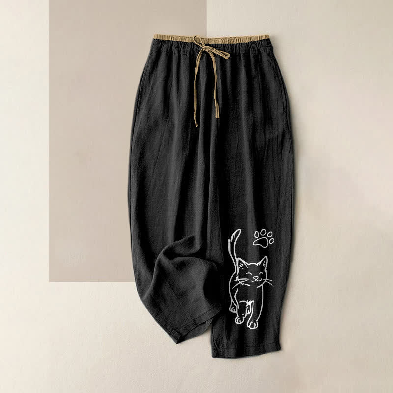 Buddha Stones Pantalon pour femme en pur coton avec taille élastique et poches, motif chat fantaisiste. - Noir - US16，UK/AU20，EU48 (3XL) - image 0
