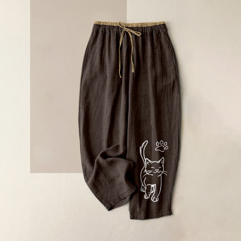 Buddha Stones Pantalon pour femme en pur coton avec taille élastique et poches, motif chat fantaisiste. - SaddleBrown - US16，UK/AU20，EU48 (3XL) - image 5