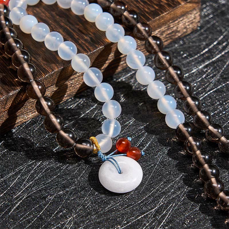 Buddha Stones Bracelet Sérénité à boucle de paix multi-tours en obsidienne glacée et calcédoine blanche - image 4