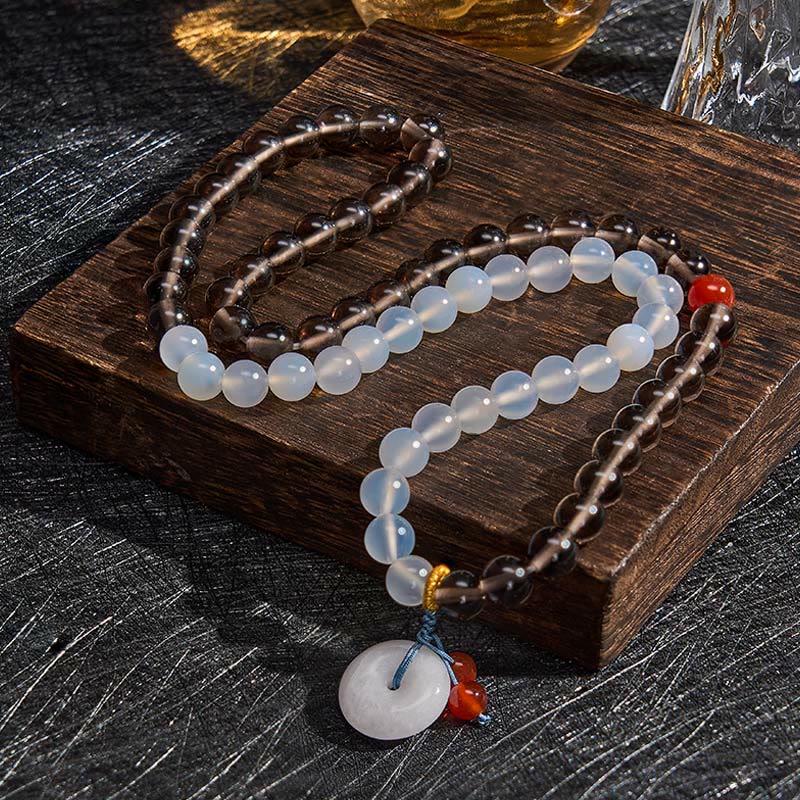 Buddha Stones Bracelet Sérénité à boucle de paix multi-tours en obsidienne glacée et calcédoine blanche - image 3