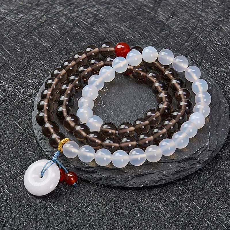 Buddha Stones Bracelet Sérénité à boucle de paix multi-tours en obsidienne glacée et calcédoine blanche - image 1