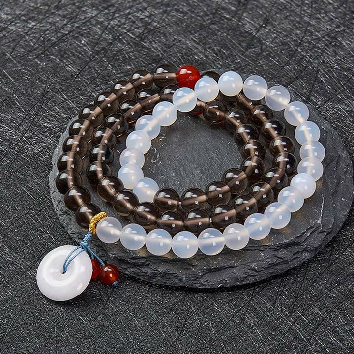 Buddha Stones Bracelet Sérénité à boucle de paix multi-tours en obsidienne glacée et calcédoine blanche - image 1