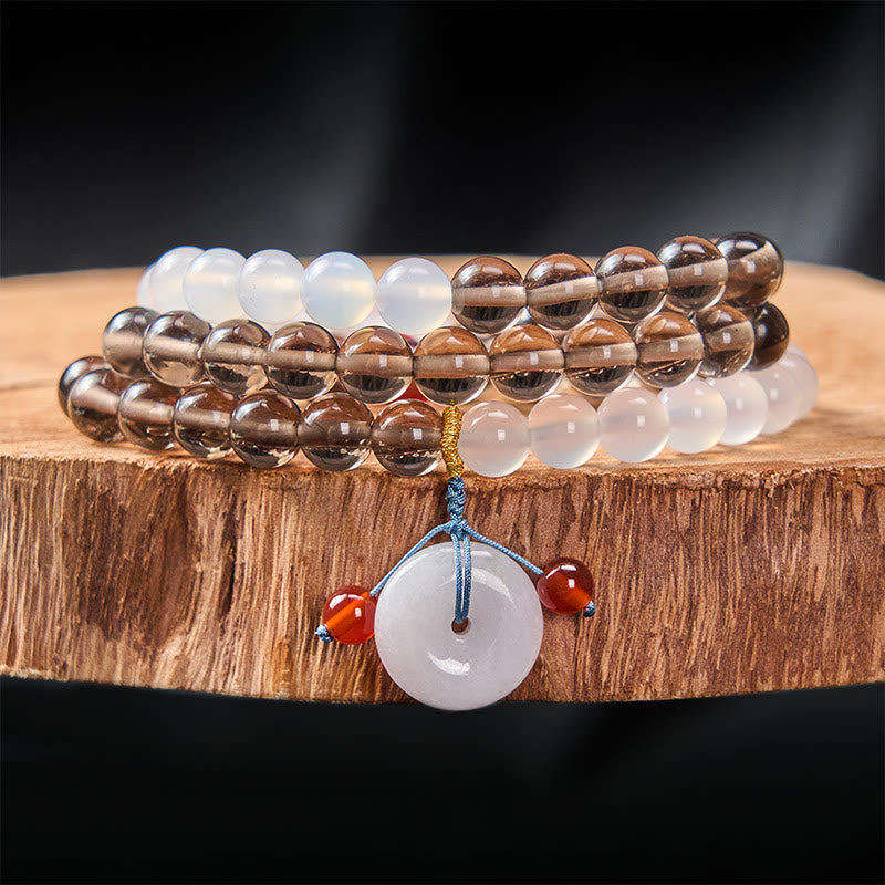 Buddha Stones Bracelet Sérénité à boucle de paix multi-tours en obsidienne glacée et calcédoine blanche - Obsidienne glacée (Purifiante ♥ Positive) - 8 mm - image 0