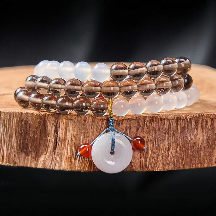 Buddha Stones Bracelet Sérénité à boucle de paix multi-tours en obsidienne glacée et calcédoine blanche - Obsidienne glacée (Purifiante ♥ Positive) - 8 mm - image 0