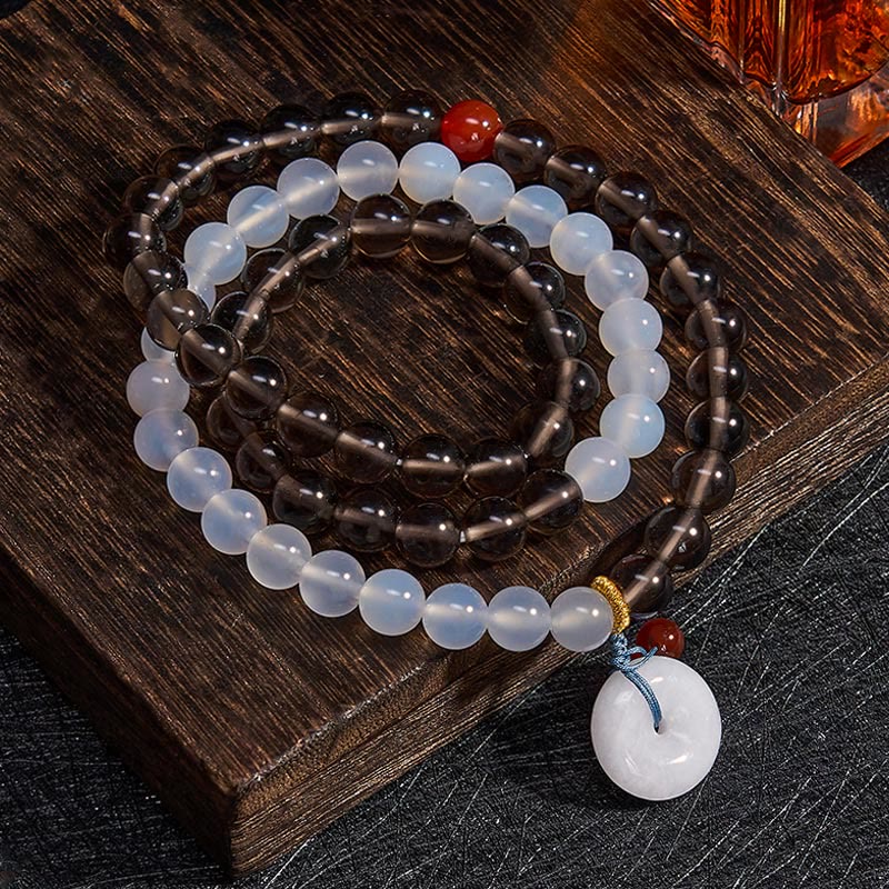 Buddha Stones Bracelet Sérénité à boucle de paix multi-tours en obsidienne glacée et calcédoine blanche - image 2