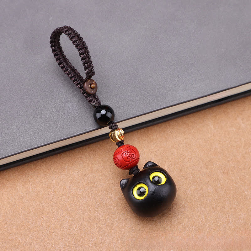 Buddha Stones Porte-clés en bois d'ébène sculptés à la main représentant un chat mignon symbolisant la paix et l'ancrage - Corde tressée pour petit chat - image 6