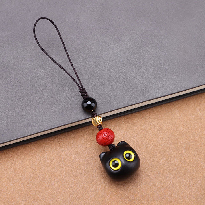 Buddha Stones Porte-clés en bois d'ébène sculptés à la main représentant un chat mignon symbolisant la paix et l'ancrage - Corde simple pour petit chat - image 12