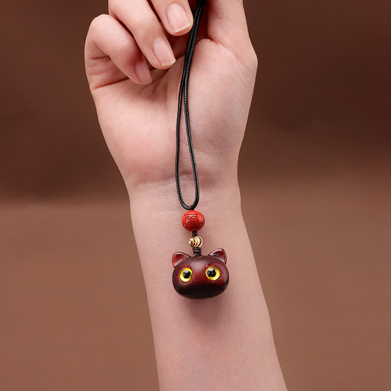 Buddha Stones Collier ajustable en bois d'ébène et bois de santal rouge avec chat porte-bonheur - image 14
