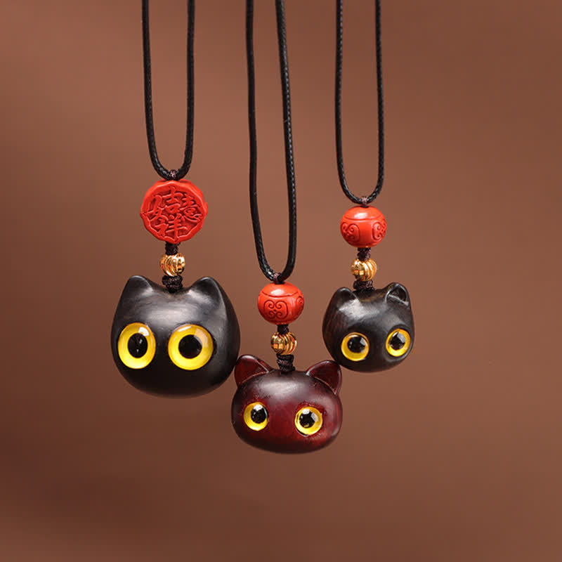 Buddha Stones Collier ajustable en bois d'ébène et bois de santal rouge avec chat porte-bonheur - image 17
