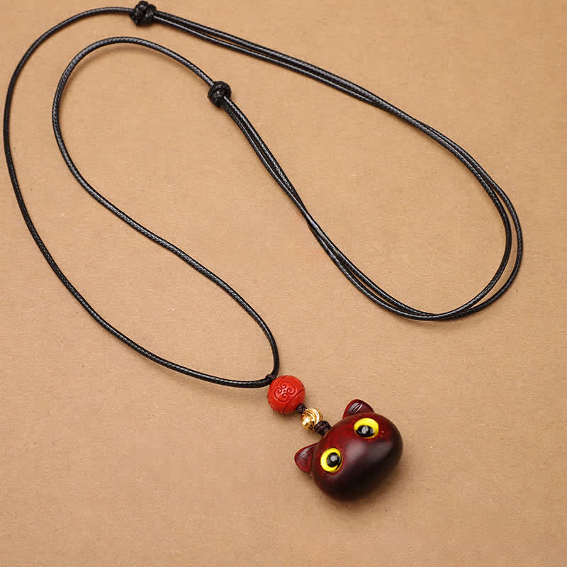 Buddha Stones Collier ajustable en bois d'ébène et bois de santal rouge avec chat porte-bonheur - image 13