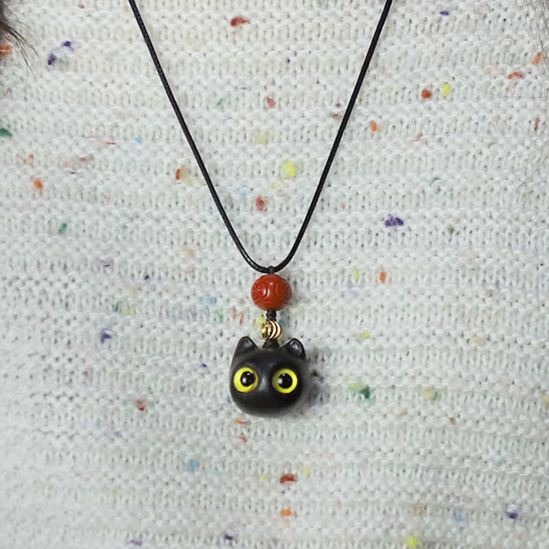 Buddha Stones Collier ajustable en bois d'ébène et bois de santal rouge avec chat porte-bonheur - image 11