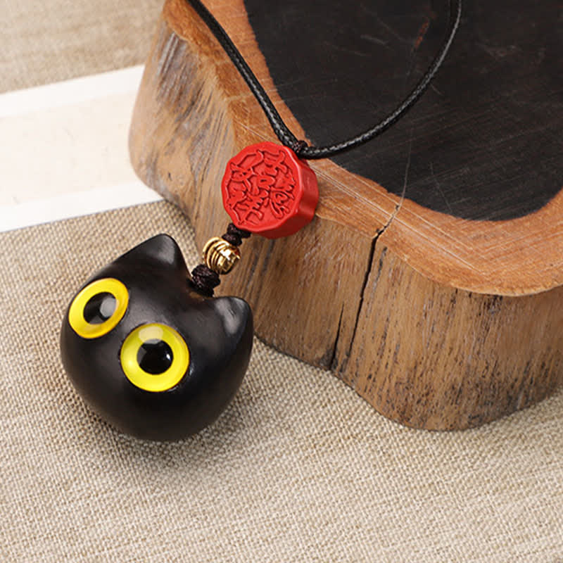 Buddha Stones Collier ajustable en bois d'ébène et bois de santal rouge avec chat porte-bonheur - image 2
