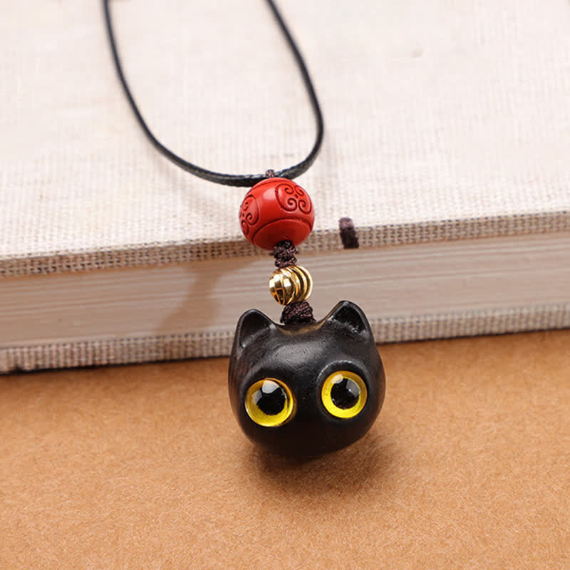 Buddha Stones Collier ajustable en bois d'ébène et bois de santal rouge avec chat porte-bonheur - Petit bois d'ébène - image 8