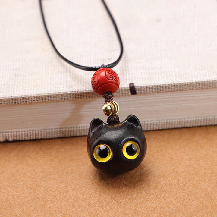 Buddha Stones Collier ajustable en bois d'ébène et bois de santal rouge avec chat porte-bonheur - Petit bois d'ébène - image 8
