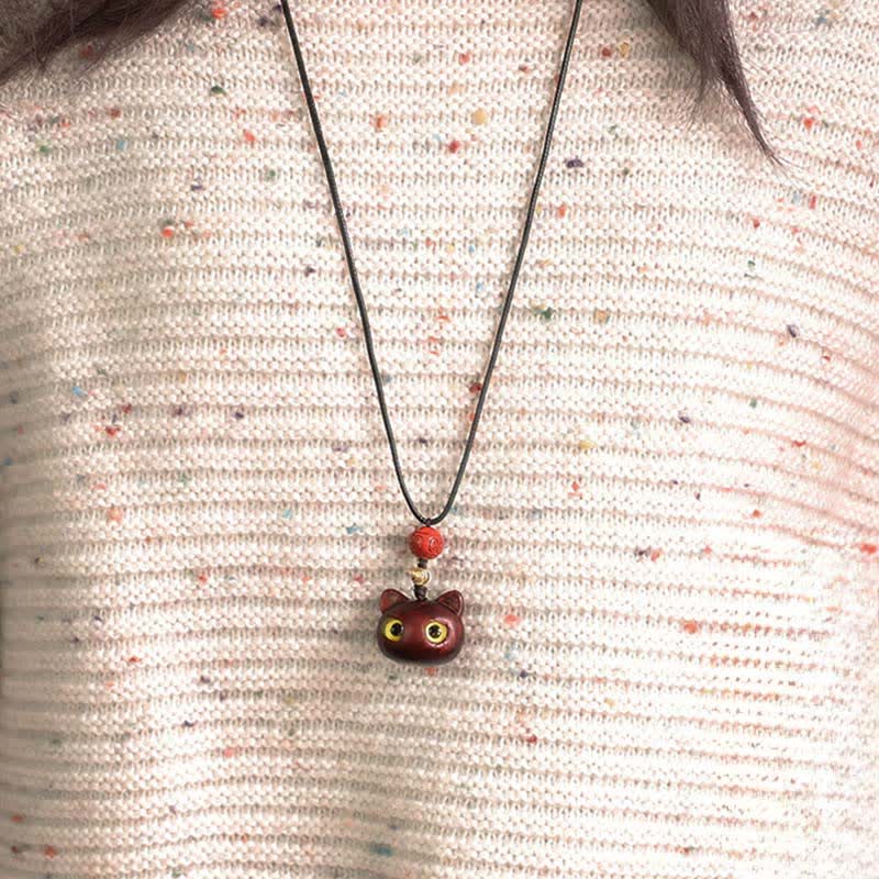 Buddha Stones Collier ajustable en bois d'ébène et bois de santal rouge avec chat porte-bonheur - image 15