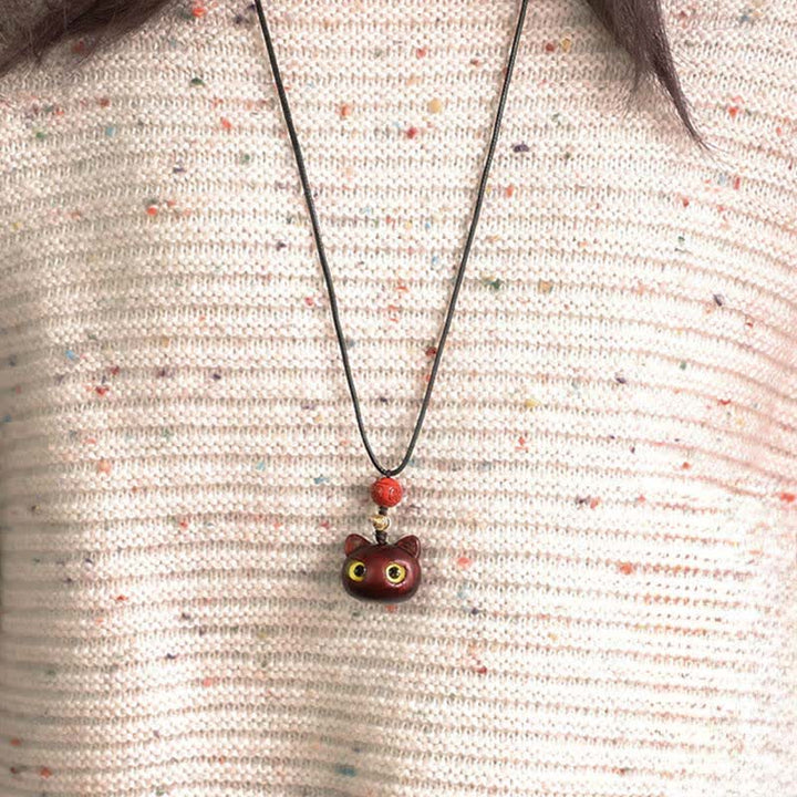 Buddha Stones Collier ajustable en bois d'ébène et bois de santal rouge avec chat porte-bonheur - image 15