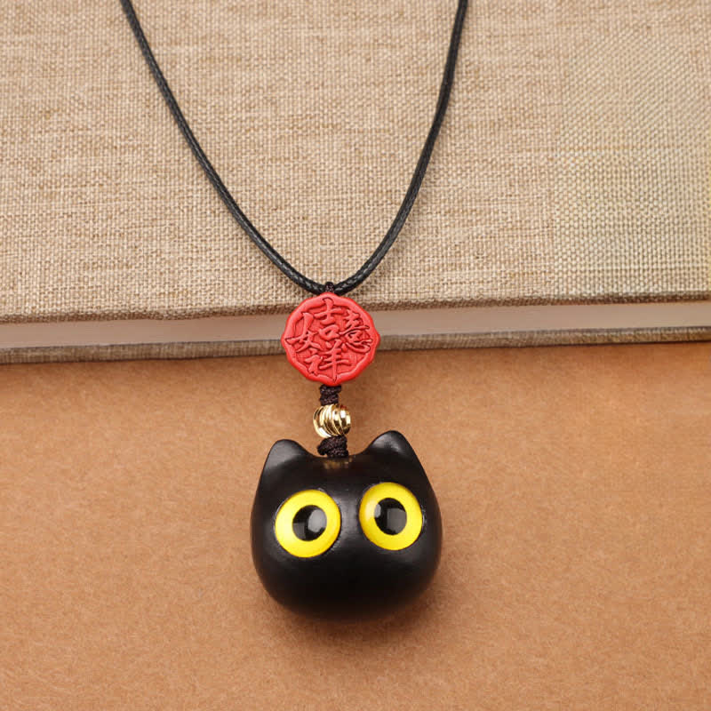 Buddha Stones Collier ajustable en bois d'ébène et bois de santal rouge avec chat porte-bonheur - image 3