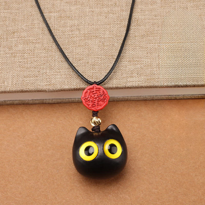 Buddha Stones Collier ajustable en bois d'ébène et bois de santal rouge avec chat porte-bonheur - image 3