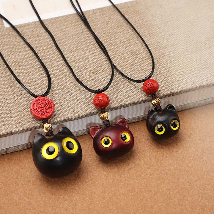 Buddha Stones Collier ajustable en bois d'ébène et bois de santal rouge avec chat porte-bonheur - image 21