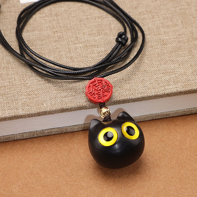 Buddha Stones Collier ajustable en bois d'ébène et bois de santal rouge avec chat porte-bonheur - image 4