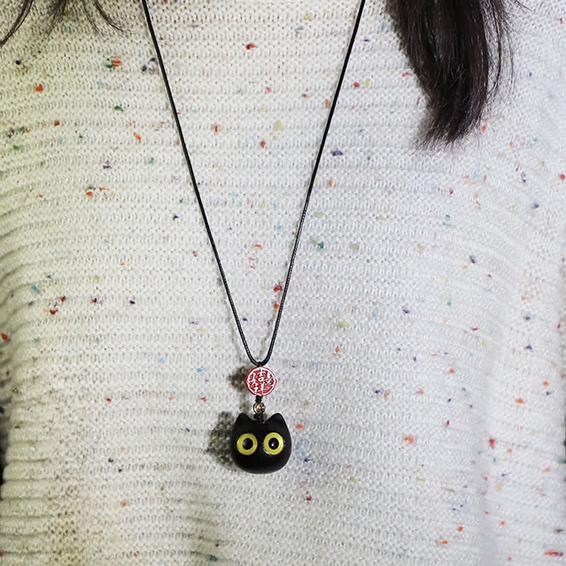 Buddha Stones Collier ajustable en bois d'ébène et bois de santal rouge avec chat porte-bonheur - image 7