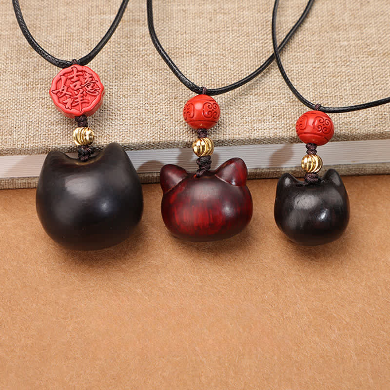 Buddha Stones Collier ajustable en bois d'ébène et bois de santal rouge avec chat porte-bonheur - image 22