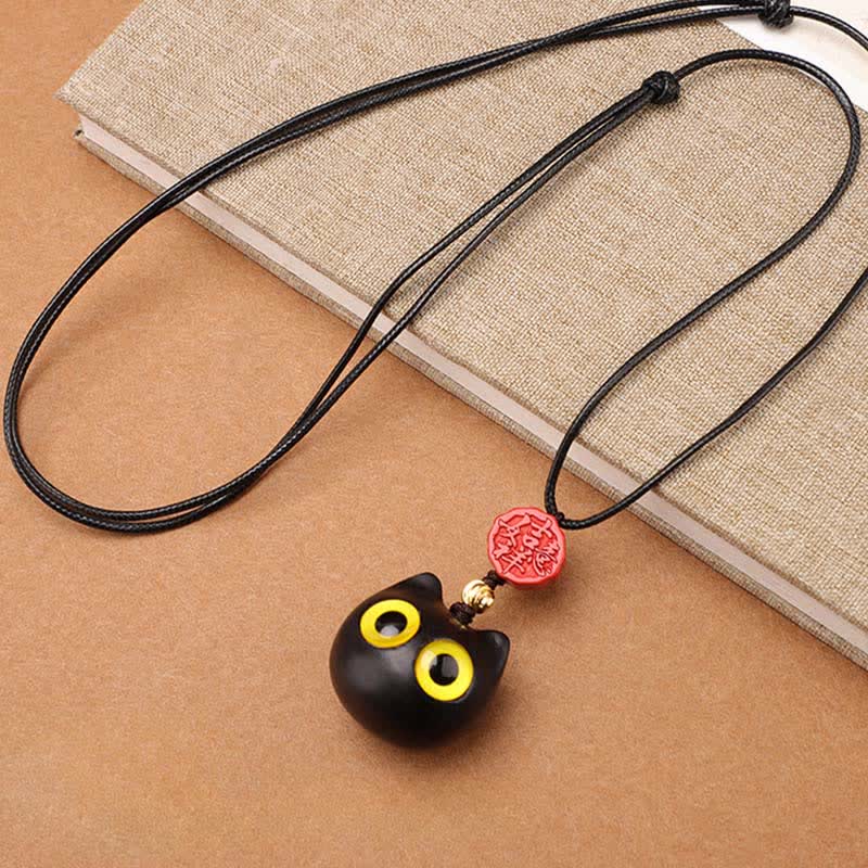 Buddha Stones Collier ajustable en bois d'ébène et bois de santal rouge avec chat porte-bonheur - image 1