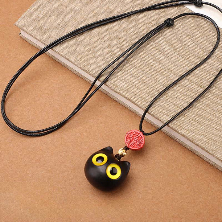 Buddha Stones Collier ajustable en bois d'ébène et bois de santal rouge avec chat porte-bonheur - image 1