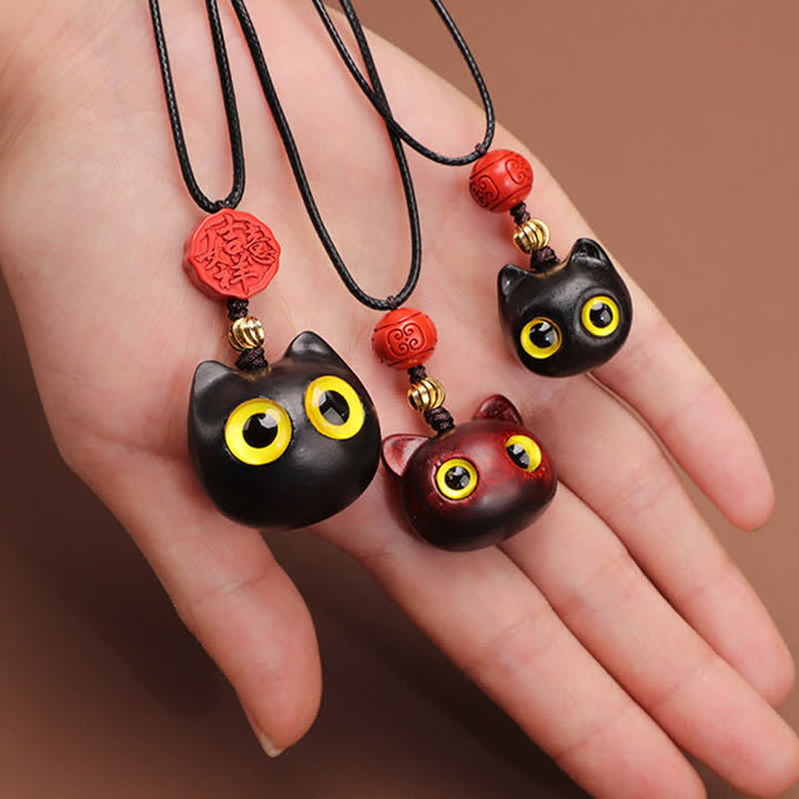 Buddha Stones Collier ajustable en bois d'ébène et bois de santal rouge avec chat porte-bonheur - image 18