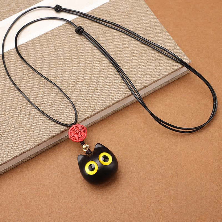 Buddha Stones Collier ajustable en bois d'ébène et bois de santal rouge avec chat porte-bonheur - Grand bois d'ébène - image 0