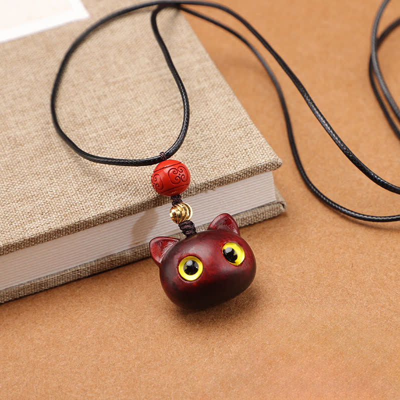 Buddha Stones Collier ajustable en bois d'ébène et bois de santal rouge avec chat porte-bonheur - Bois de santal rouge - image 12