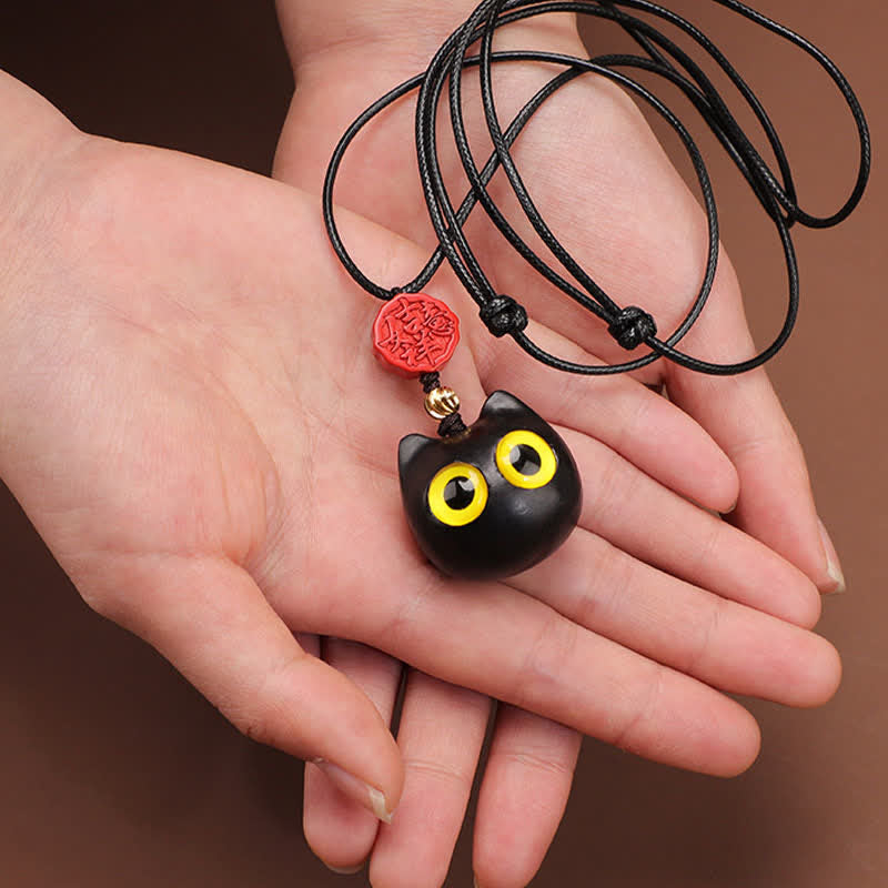 Buddha Stones Collier ajustable en bois d'ébène et bois de santal rouge avec chat porte-bonheur - image 6