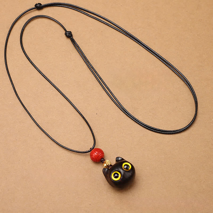 Buddha Stones Collier ajustable en bois d'ébène et bois de santal rouge avec chat porte-bonheur - image 9