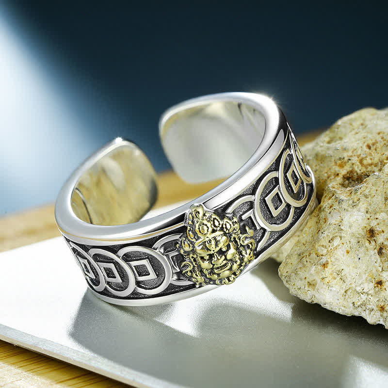 Buddha Stones Bague ajustable Jambhala en cuivre tibétain plaqué argent jaune - image 1