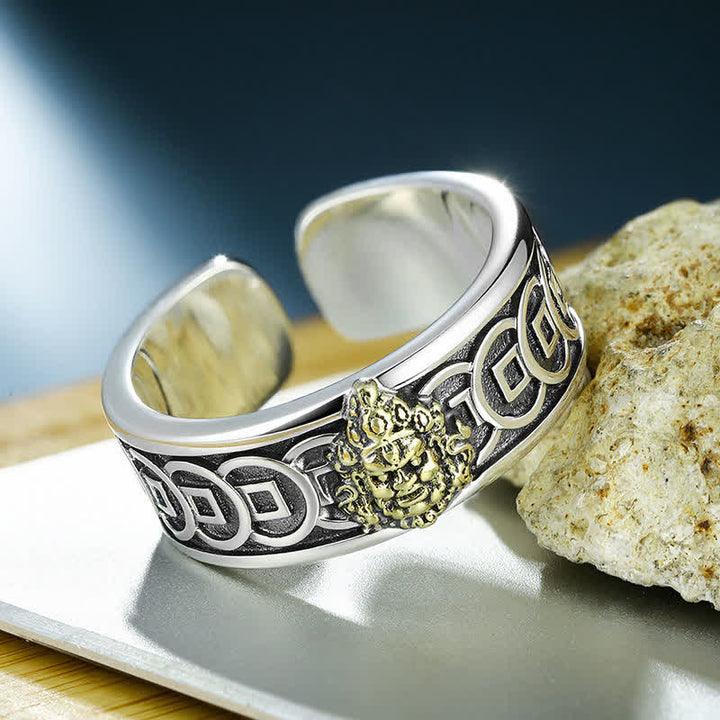 Buddha Stones Bague ajustable Jambhala en cuivre tibétain plaqué argent jaune - image 1