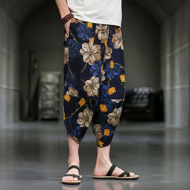 Buddha Stones Pantalon Capri bohème fleuri d'été décontracté pour homme, pantalon fuselé avec poches - image 3