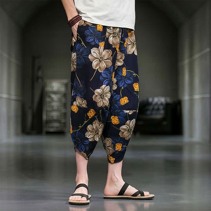 Buddha Stones Pantalon Capri bohème fleuri d'été décontracté pour homme, pantalon fuselé avec poches - image 3